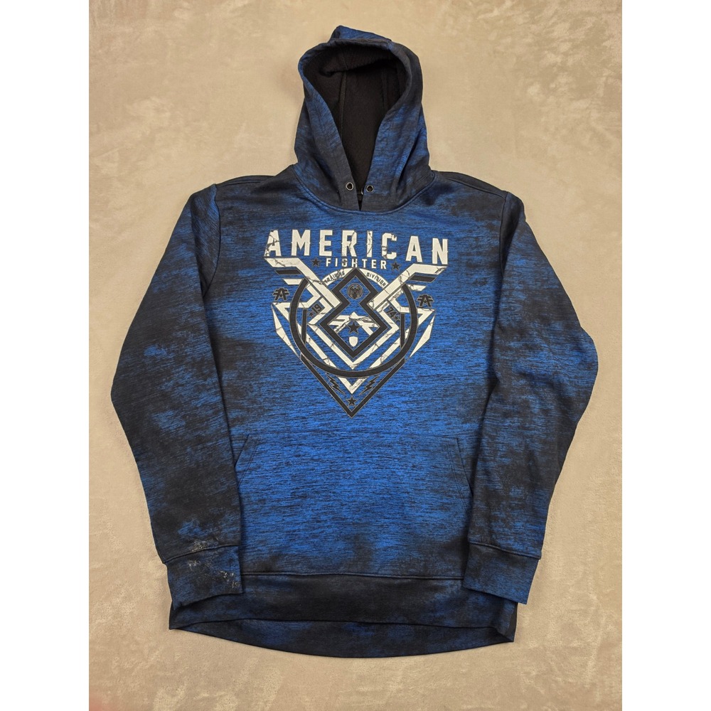 American Fighter Hoodie Mens L Blue Black Space Dye Graphic Pullover Buckle